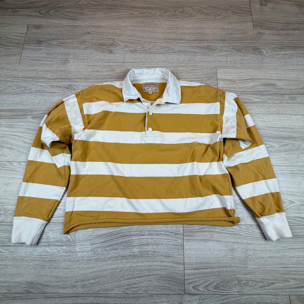 Abercrombie & Fitch Rugby Cloth Long Sleeve Striped Polo Shirt Yellow White Sz L